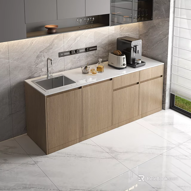 Sleek Modern Kitchen With Wooden Cabinets White Countertop And Coffee Machine 3d model 
