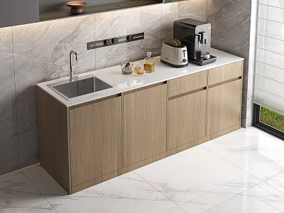 Sleek Modern Kitchen With Wooden Cabinets White Countertop And Coffee Machine 3d model
