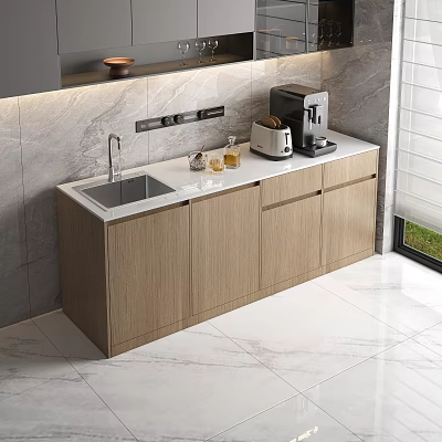 Sleek Modern Kitchen With Wooden Cabinets White Countertop And Coffee Machine 3d model