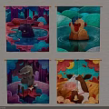 Cartoon Animal Wall Art With Hippo Monkey Crocodile Cow In Colorful Water Scenes