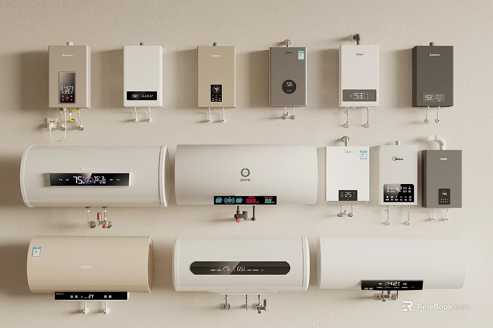 Different Styles of Domestic Water Heaters Including Wall Mounted and Storage Units 3d model 