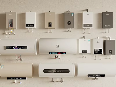 Different Styles of Domestic Water Heaters Including Wall Mounted and Storage Units 3d model