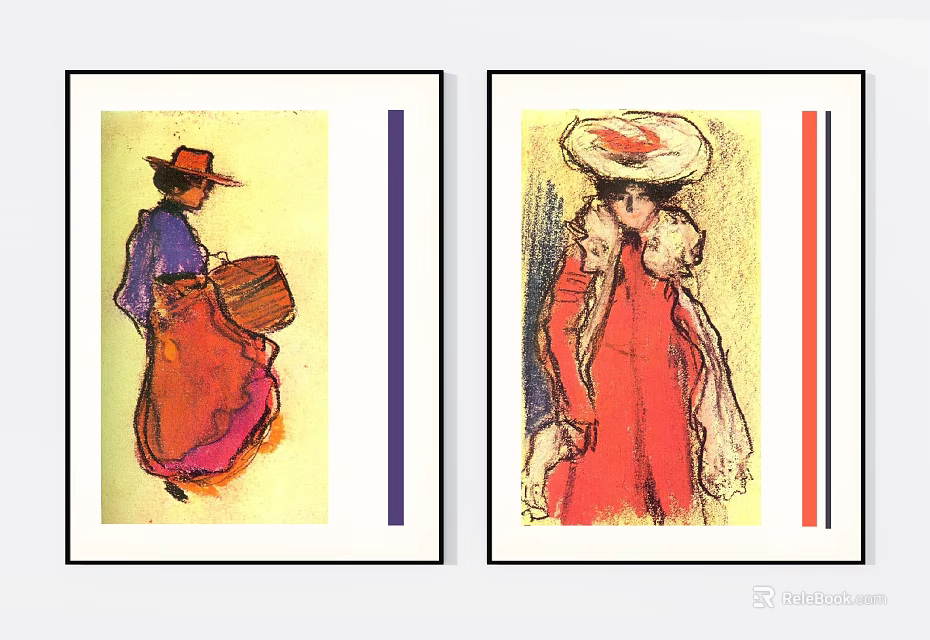 Two Colorful Portrait Paintings of Women in Red Purple Outfits With Hats Baskets and Scarves 3d model 