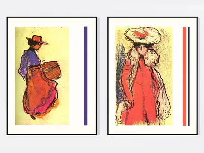 Two Colorful Portrait Paintings of Women in Red Purple Outfits With Hats Baskets and Scarves 3d model