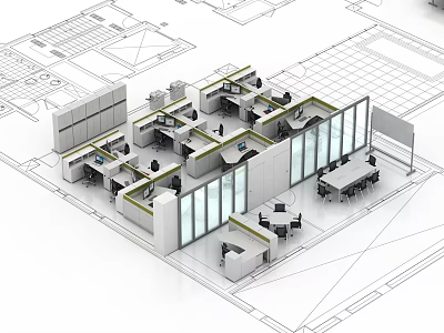 Modern Office Workspace With Partitioned Cubicles Office Desks Chairs And Computers 3d model