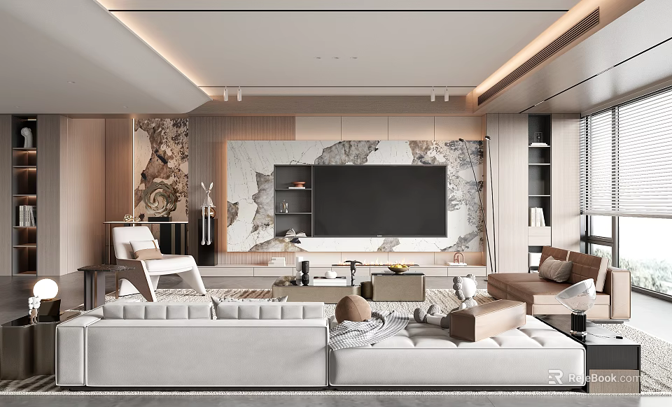 Modern Living Room Interior Design With White Sofas Marble Decorations And TV Backdrop 3d model 