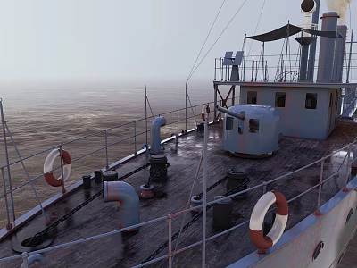 Ship Deck With Life Rings Pipes Railings And Ocean 3d model