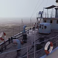 Ship Deck With Life Rings Pipes Railings And Ocean