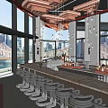 Modern Bar Interior With City View Bar Counter Stools And Pendant Lights