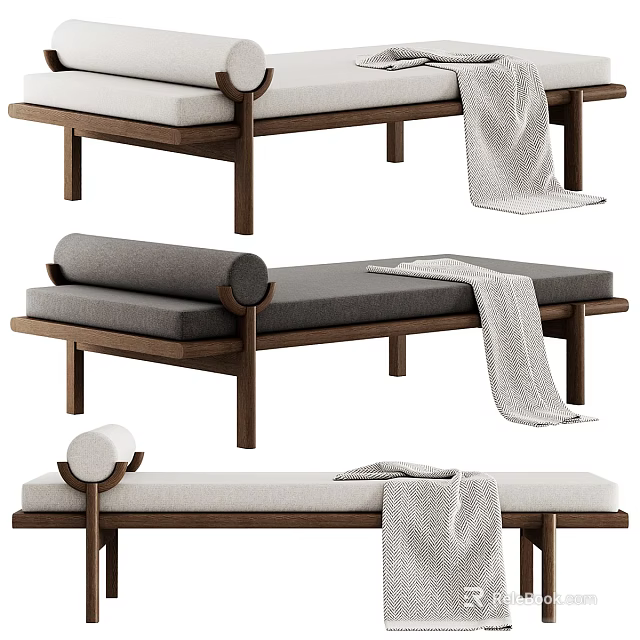 Modern Wooden Bench With Soft Gray White Cushion And Blanket For Living Room Decor 3d model 