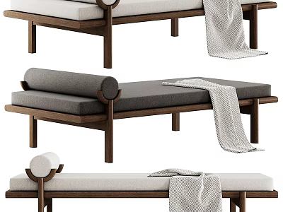 Modern Wooden Bench With Soft Gray White Cushion And Blanket For Living Room Decor 3d model