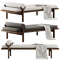 Modern Wooden Bench With Soft Gray White Cushion And Blanket For Living Room Decor