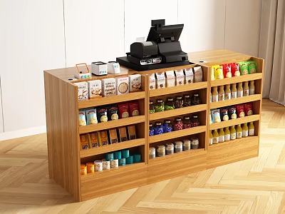 Wooden Reception Desk With Multiple Shelves Holding Canned Goods Bottled Items And Cash Register 3d model