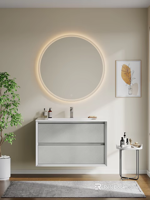 Elegant Bathroom Vanity Featuring Light Gray Cabinet Round Illuminated Mirror Decorative Painting and Green Plant 3d model 