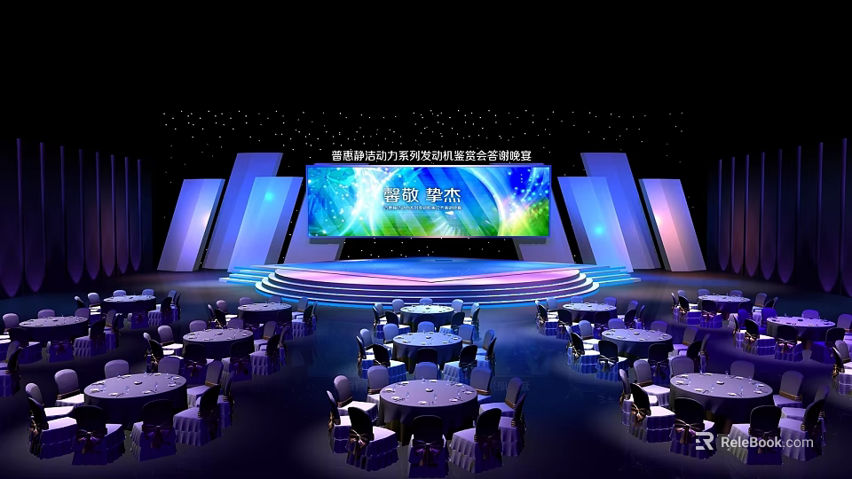 Global Mobile Power And Materials Technology Summit Expo Conference Setup With Stage Large Screen And Round Tables 3d model 
