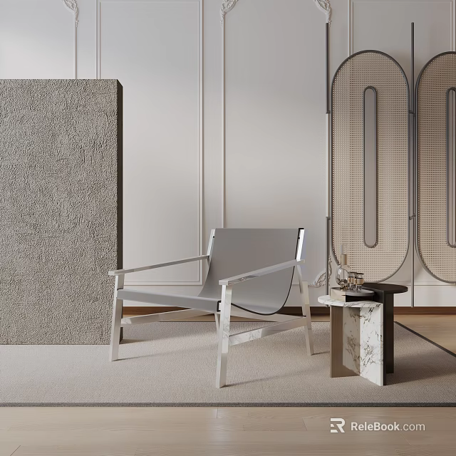 Modern Minimalist Gray Lounge Chair With Metal Frame And Side Table In Neutral Interior 3d model 