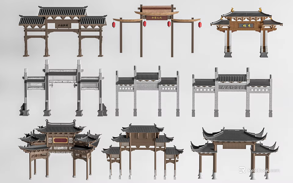 Traditional Chinese Memorial Archways With Various Styles And Carved Roof Details 3d model 