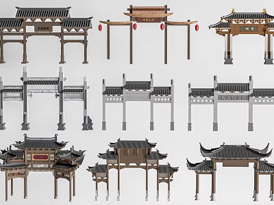 Traditional Chinese Memorial Archways With Various Styles And Carved Roof Details 3d model
