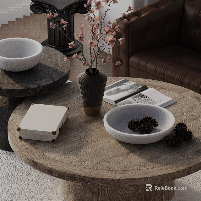 Brown Leather Sofa With Wooden Coffee Table Set Featuring Vase Magazines Bowls And Pine Cones 3d model 