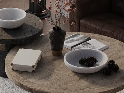 Brown Leather Sofa With Wooden Coffee Table Set Featuring Vase Magazines Bowls And Pine Cones 3d model