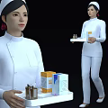 Woman Nurse in White Uniform Holding Tray with Medicine Bottles and Boxes