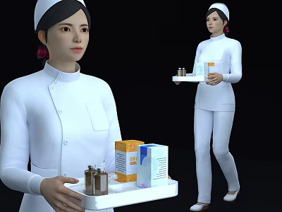 Woman Nurse in White Uniform Holding Tray with Medicine Bottles and Boxes 3d model