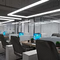 Modern Public Office Space With Workstations Computer Monitors Office Chairs Framed Artworks And Ceiling Lights