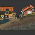 Colorful Houses Miniature Model With Orange Roofs Waterfront Small Boat Dock And Grass Area