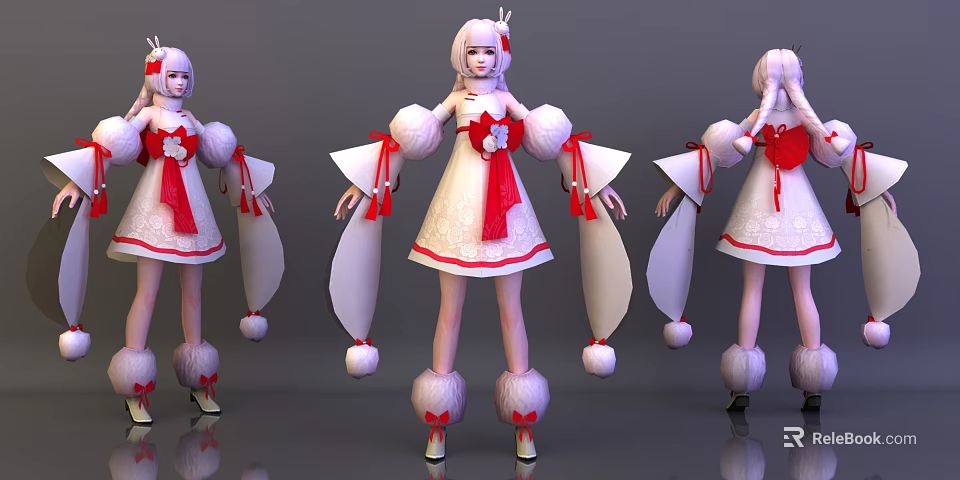 Game Anime Character With Pink Hair White Dress Red Bowknots Tassels And Pom Poms 3d model 