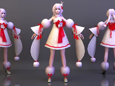 Game Anime Character With Pink Hair White Dress Red Bowknots Tassels And Pom Poms 3d model