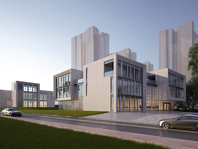 Modern School Building With Glass Curtain Walls And Surrounding High Rise Buildings 3d model