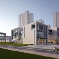 Modern School Building With Glass Curtain Walls And Surrounding High Rise Buildings