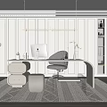 Modern Study Room Interior With White Desk Computer Chair Built In Shelves And Potted Plant