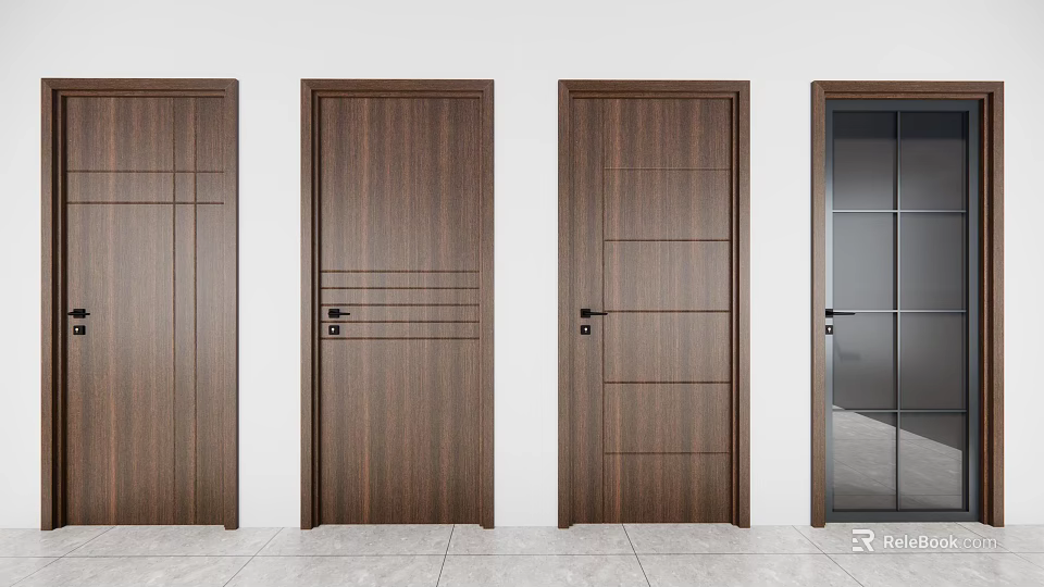 Modern Wooden Hinged Doors Showcasing Diverse Panel Patterns And Glass Panel Design Option 3d model