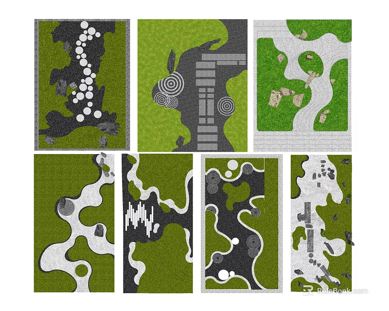 Garden Landscape Design With Various Layouts Pathways Green Spaces And Decorative Elements 3d model 