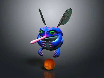 Fantasy Blue Creature With Green Eyes Sticking Tongue And Wings Balancing On Orange Ball 3d model