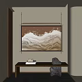 Abstract Painting With Wavy White Brown Textures Black Frame Hanging Above Wood Table Stone Books