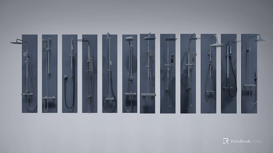 Various Modern Shower Systems Arranged in Vertical Display Racks for Bathroom Design 3d model