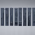 Various Modern Shower Systems Arranged in Vertical Display Racks for Bathroom Design 3d model