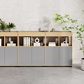 Modern Light Wood Bookcase With Grey Cabinets Books Decor And Green Plant