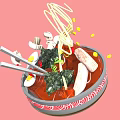 The image provided focuses on a bowl of ramen with noodles eggs vegetables and chopsticks and does not contain any animals so it is impossible to generate an English title with animals as the main subject based on the picture information.