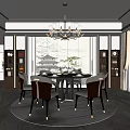 Elegant Chinese Restaurant Interior With Round Table Chandelier Mural Bookshelves And Marble Floor