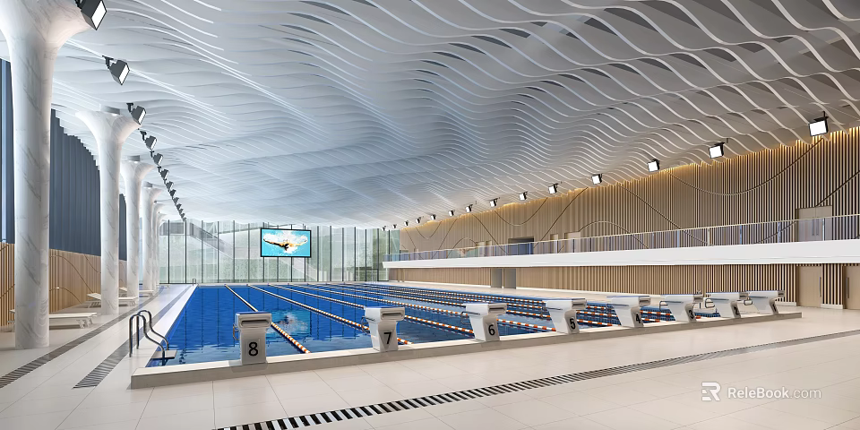 Modern Indoor Swimming Pool With Wavy Ceiling Numbered Lanes And Large Screen 3d model 