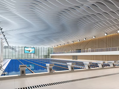Modern Indoor Swimming Pool With Wavy Ceiling Numbered Lanes And Large Screen 3d model