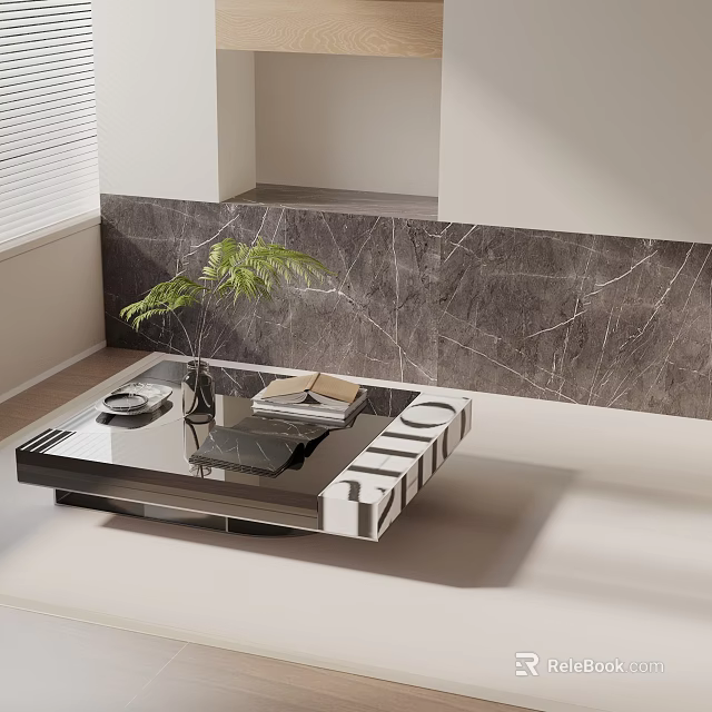 Modern Living Room Sofa And Coffee Table Set With Marble Wall And Green Plant 3d model 