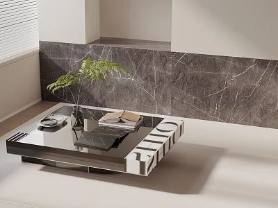 Modern Living Room Sofa And Coffee Table Set With Marble Wall And Green Plant 3d model