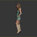 Woman In Green And Blue Patterned Dress With Beige Knee High Boots On Gray Background