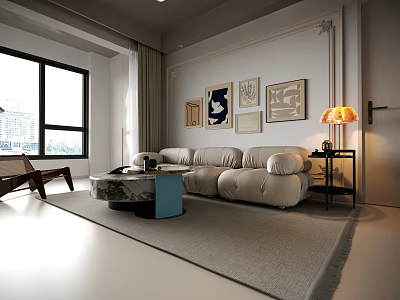Modern Living Room Interior With Beige Sofa Coffee Table Gray Carpet And Wall Art 3d model