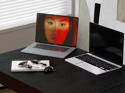 Two Laptops On Black Desk With Lit Screen Human Face Display And Black Screen Keys Notebook 3d model