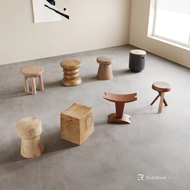 Various Wooden Stools With Unique Designs And Different Shapes In Modern Interior 3d model